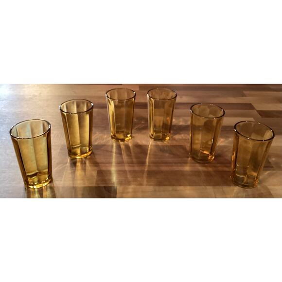 Vtg Hazel Atlas MCM 1960s Amber Glass Panel Optic Juice Tumblers 3.75” Set of 6 - Picture 1 of 9
